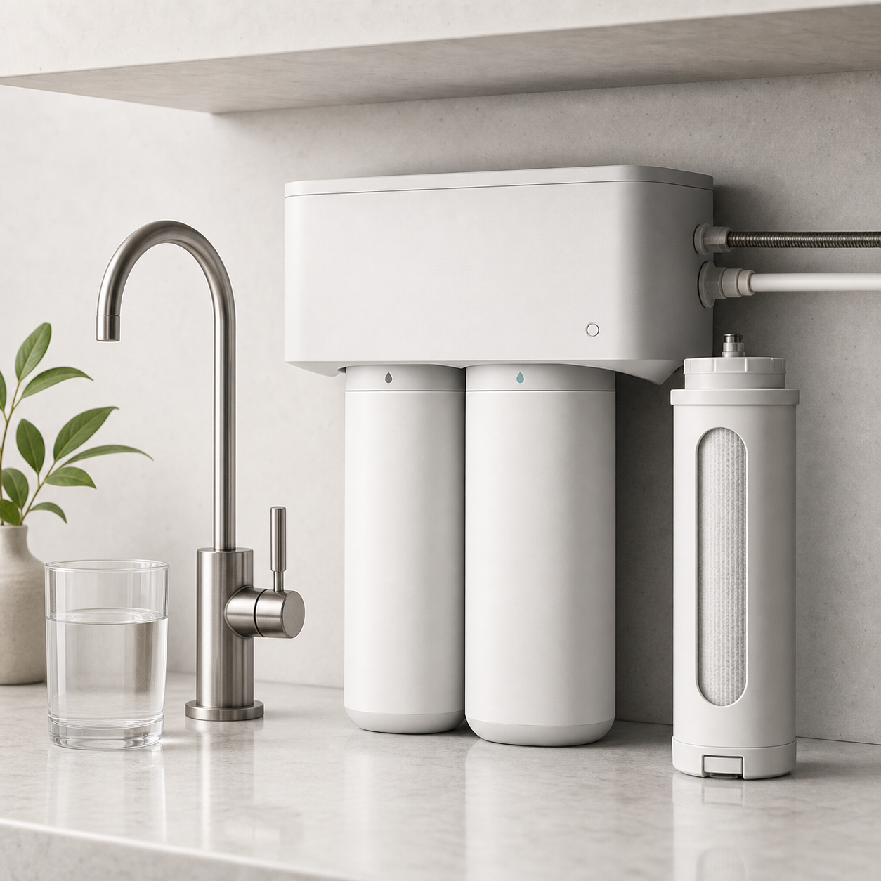 Premium under-sink water filtration system and drinking faucet components
