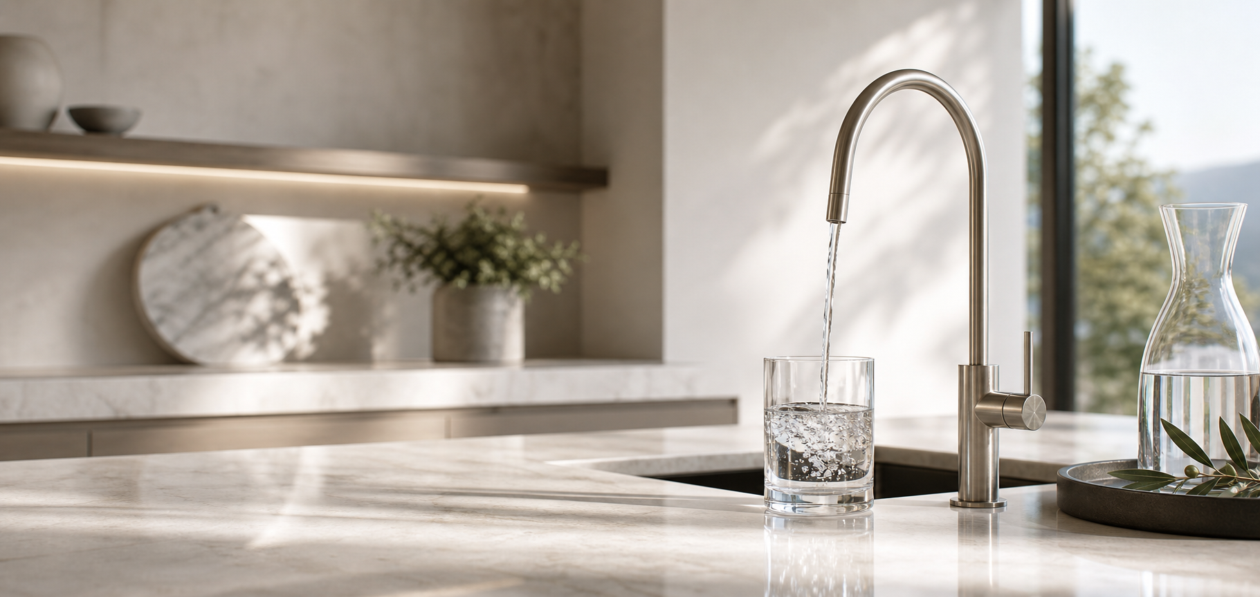 Luxury drinking water faucet with glass and carafe in a modern kitchen