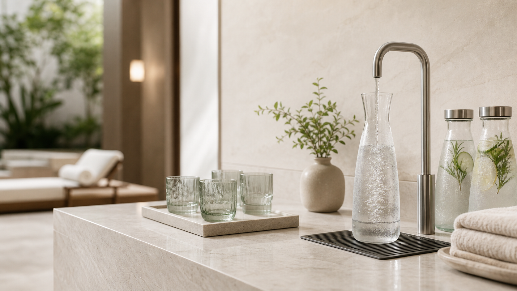Elegant filtered water station with carafes and glasses in a wellness setting